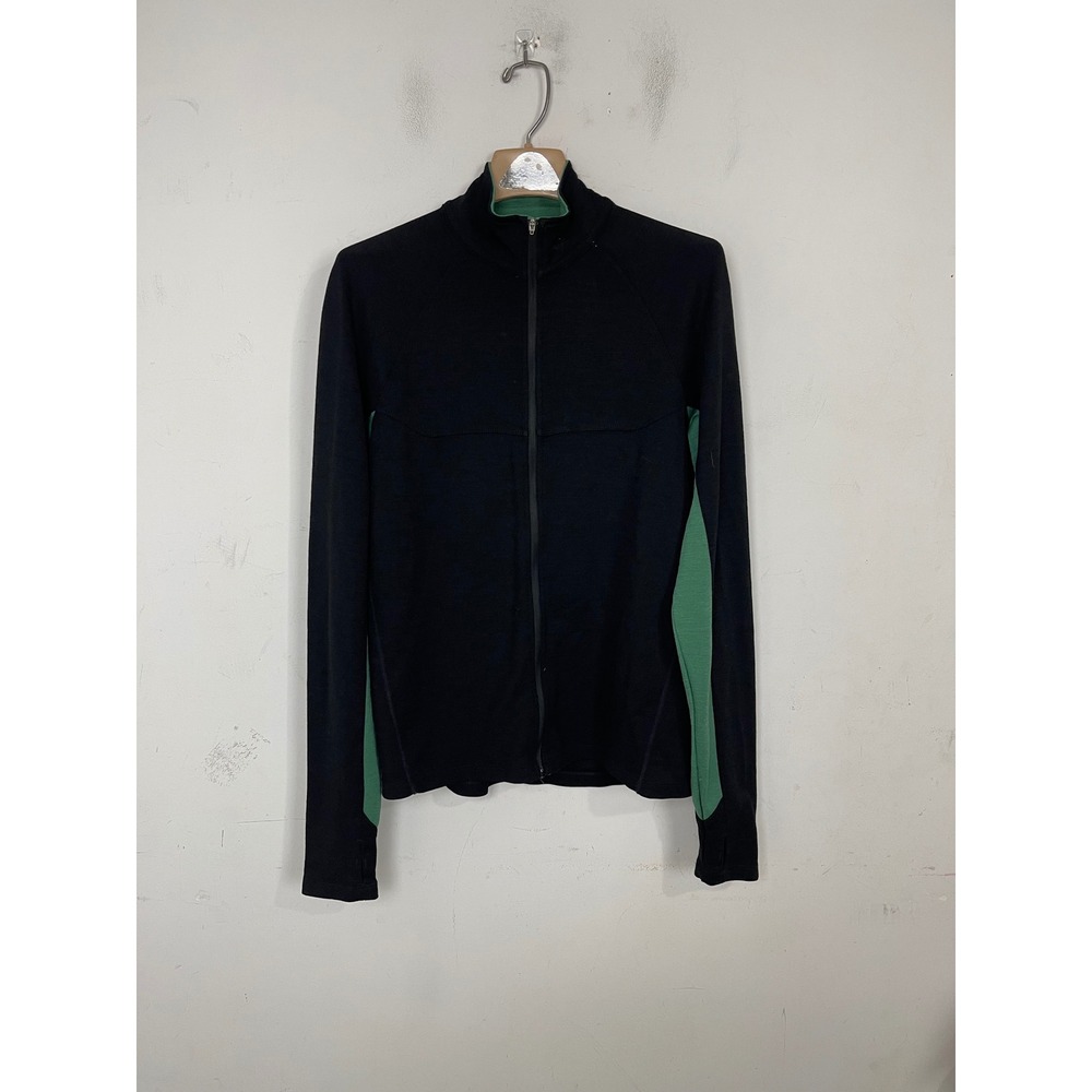 Ibex Mens Merino Wool Full Zip Jacket Black Green Thumbholes Made in USA Size M‎